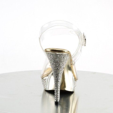 Sandalias transparentes y doradas con plataforma y tacón de espejo y pedrería - Fabulicious Elegant-408