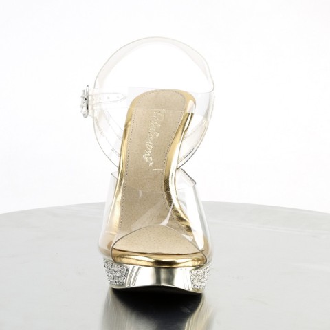 Sandalias transparentes y doradas con plataforma y tacón de espejo y pedrería - Fabulicious Elegant-408