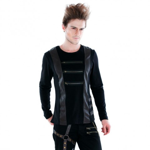 Camiseta negra de manga larga con apliques de cuero y cremalleras