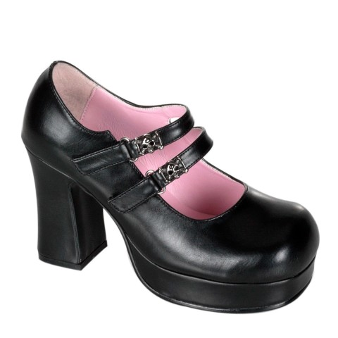Zapatos Mary Jane de piel vegana negra con hebillas de calaveritas - Demonia Gothika-09