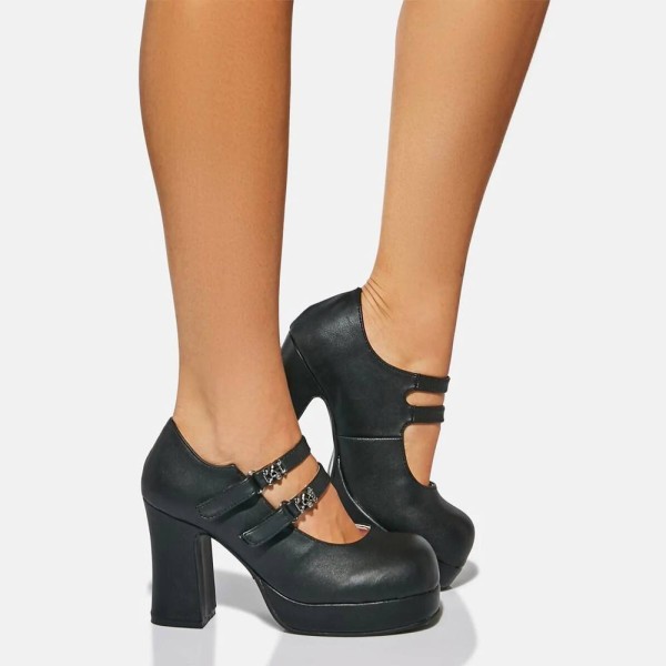 Zapatos Mary Jane de piel vegana negra con hebillas de calaveritas - Demonia Gothika-09