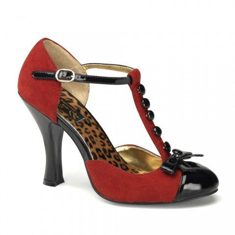 Zapatos Pin up Couture en negro y rojo con botones y lazo - Smitten-10