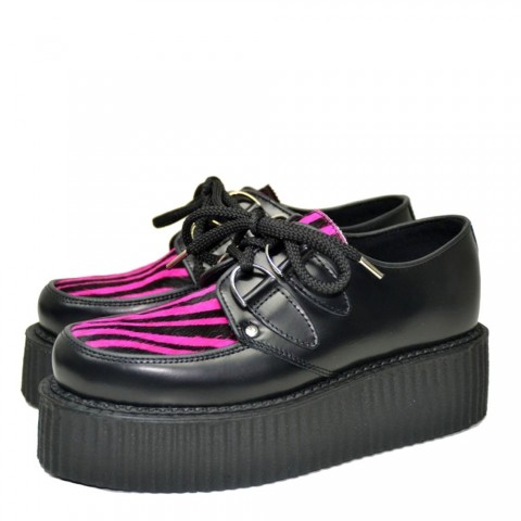 Zapatos Creepers Steelground unisex negros con cebra rosa