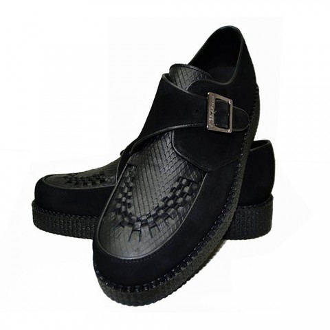 Zapatos Creepers Steelground Unisex en ante negro y cuero escamado con hebilla