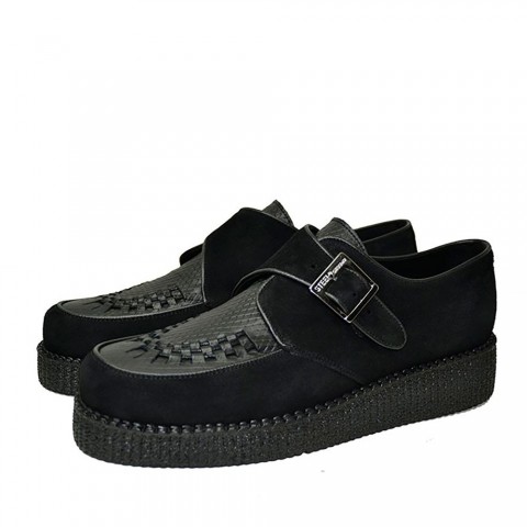Zapatos Creepers Steelground Unisex en ante negro y cuero escamado con hebilla