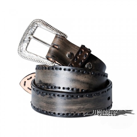 Cinturón unisex de cuero negro con efecto envejecido y costuras Wg97