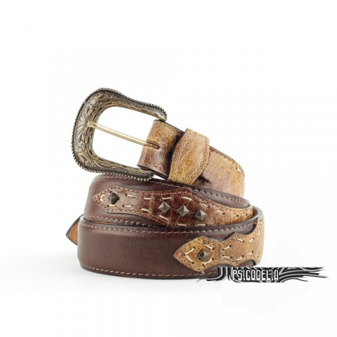 Cinturón de cuero marrón unisex hecho a mano con hebilla intercambiable y apliques WG204