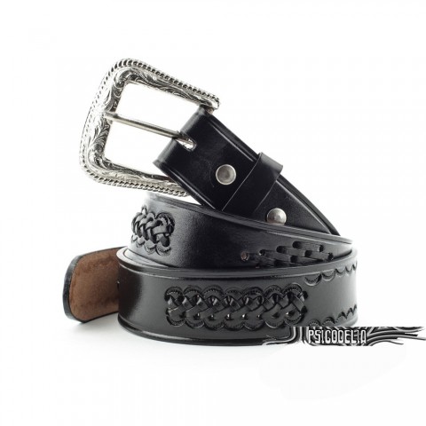 Cinturón de cuero negro unisex hecho a mano con hebilla intercambiable y trenzados WG56