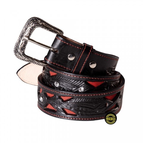 Cinturón de cuero negro con rojo y piedras de strass WG106