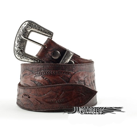 Cinturón ancho de cuero marrón grabado hecho a mano - Ciara