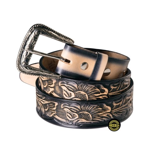 Cinturón de cuero hecho a mano con hebilla intercambiable y grabado de flores WG104