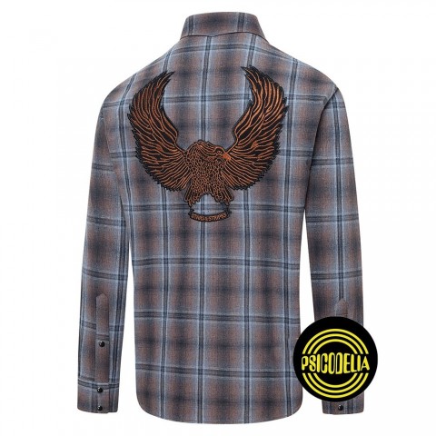 Camisa de cuadros en camel y azul con águila bordada - Conway